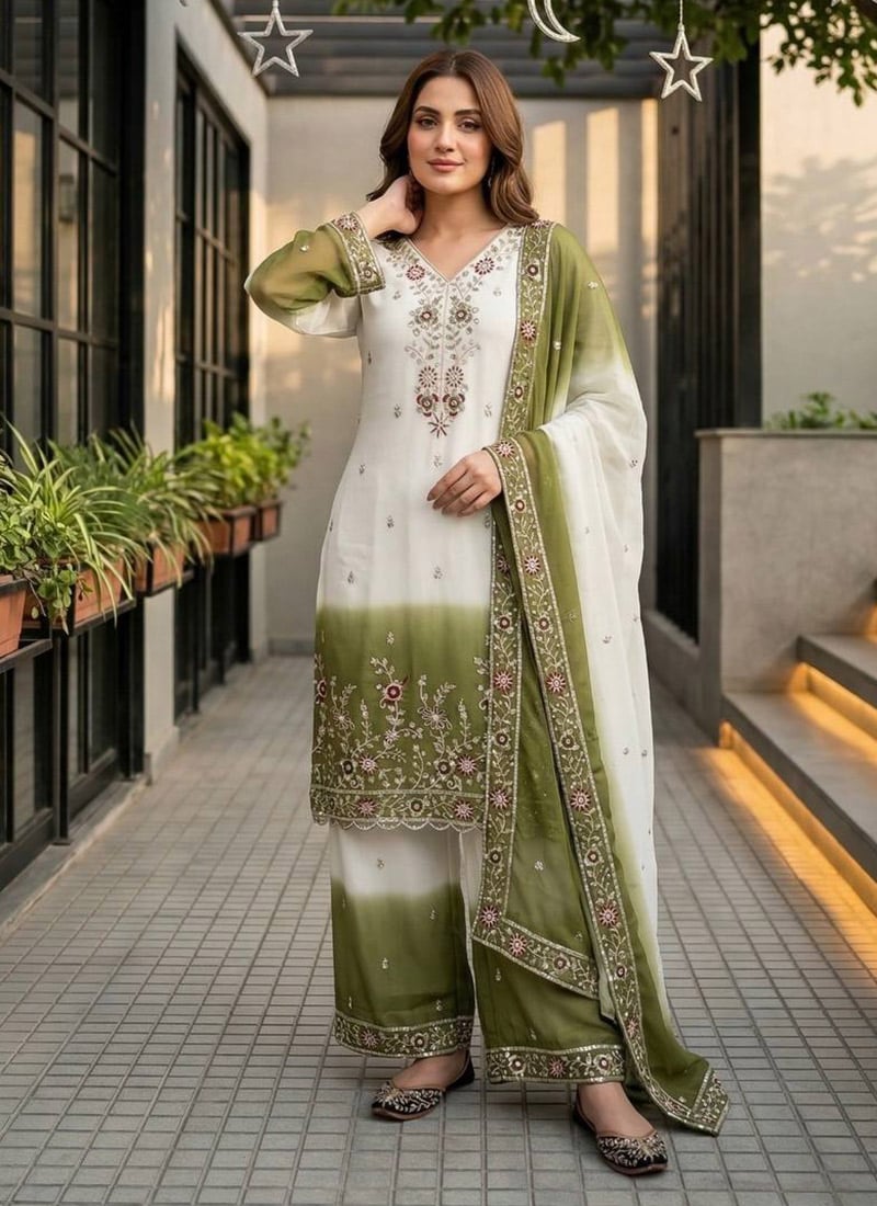 Green Georgette Embroidered Sequins Palazzo Suit Festive Wear