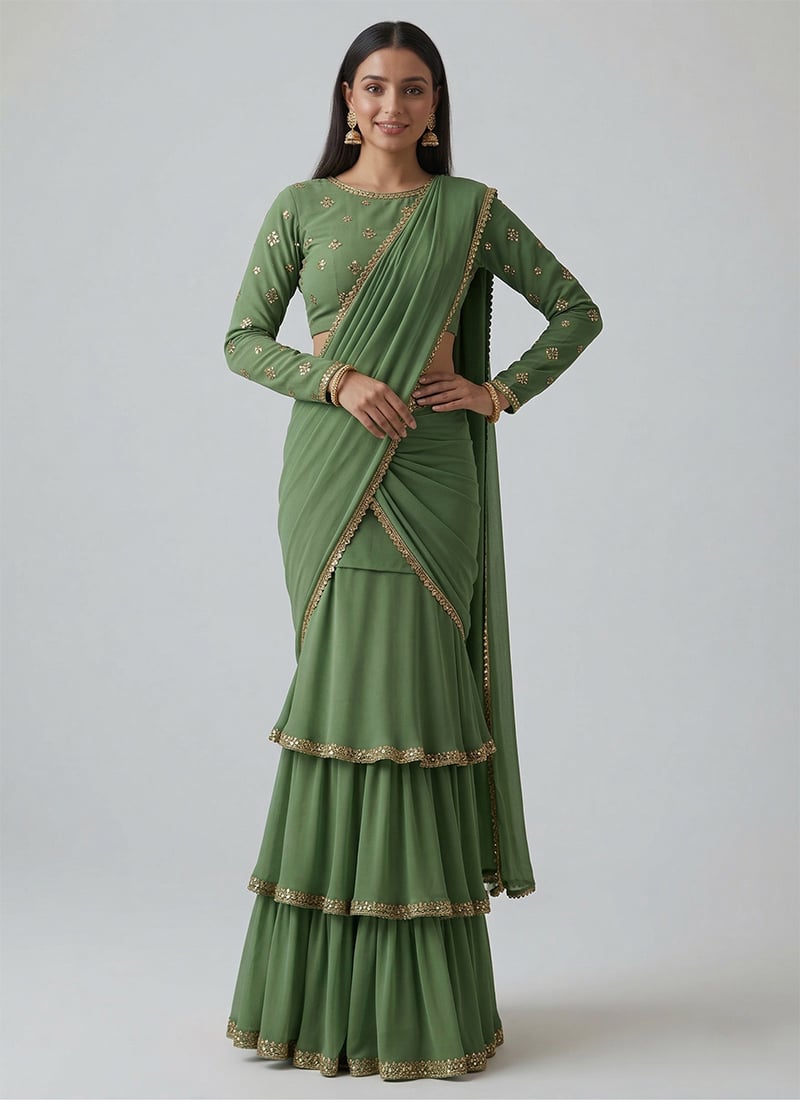 Green Georgette Embroidered Sequins Regal Lehenga Saree Festive Wear