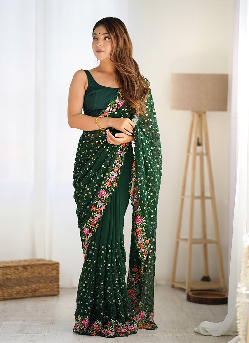 Green Georgette Embroidered Sequins Saree After Six Wear-SASACZ3125