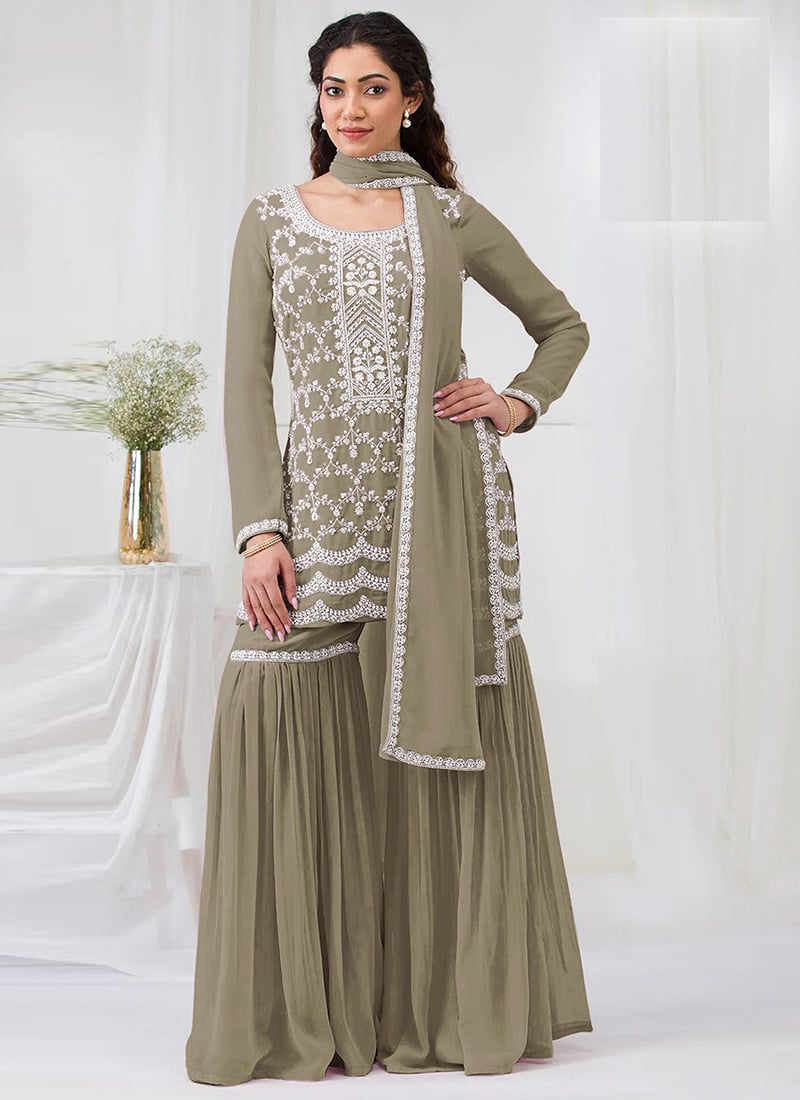 Green Georgette Embroidered Sequins Sharara Suit Festive Wear