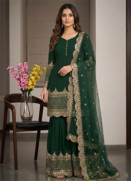 Green Georgette Embroidered Sequins Sharara Suit