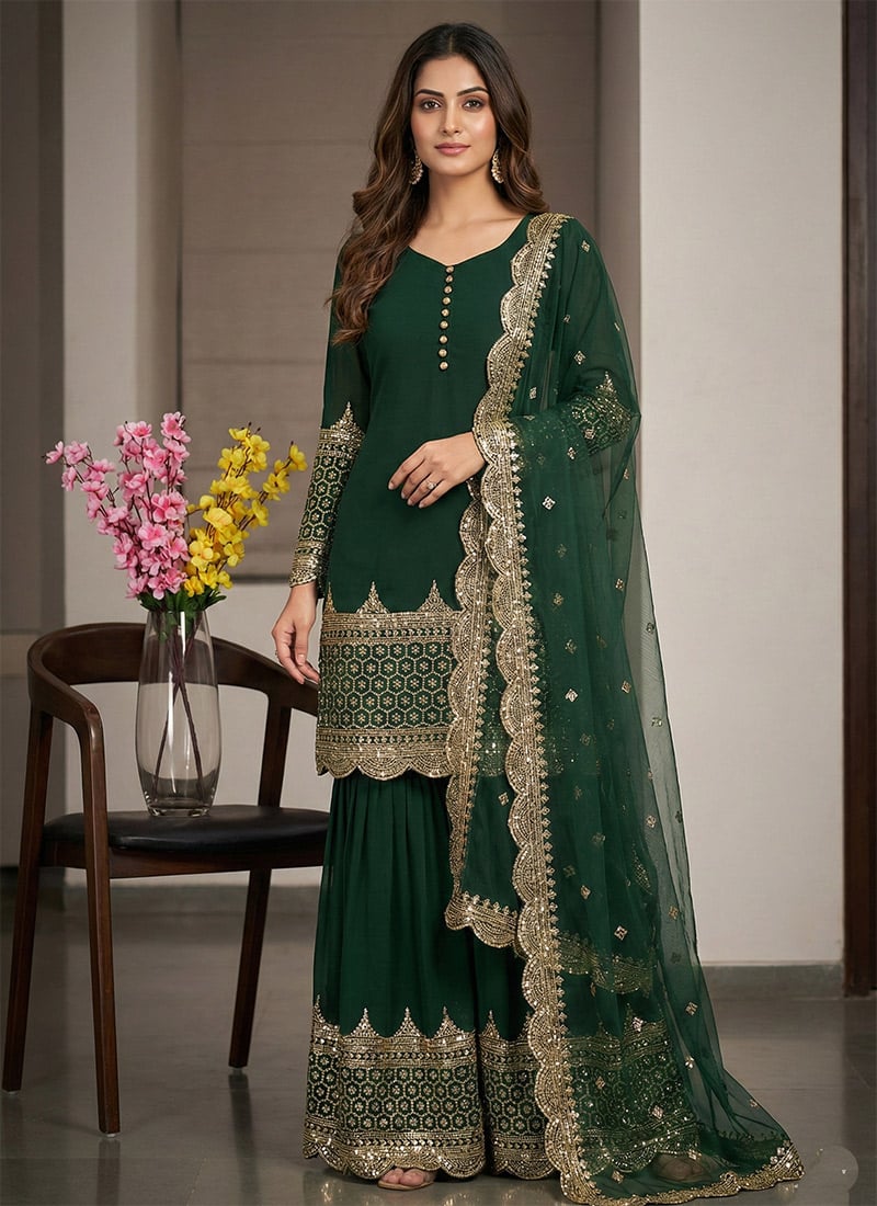 Green Georgette Embroidered Sequins Sharara Suit Festive Wear