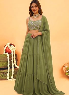 Green Georgette Embroidered Sequins Stones Cutdana Hand Embroidery Lehenga