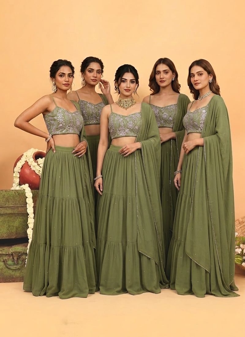 Green Georgette Embroidered Sequins Stones Cutdana Hand Embroidery Lehenga Wedding Wear