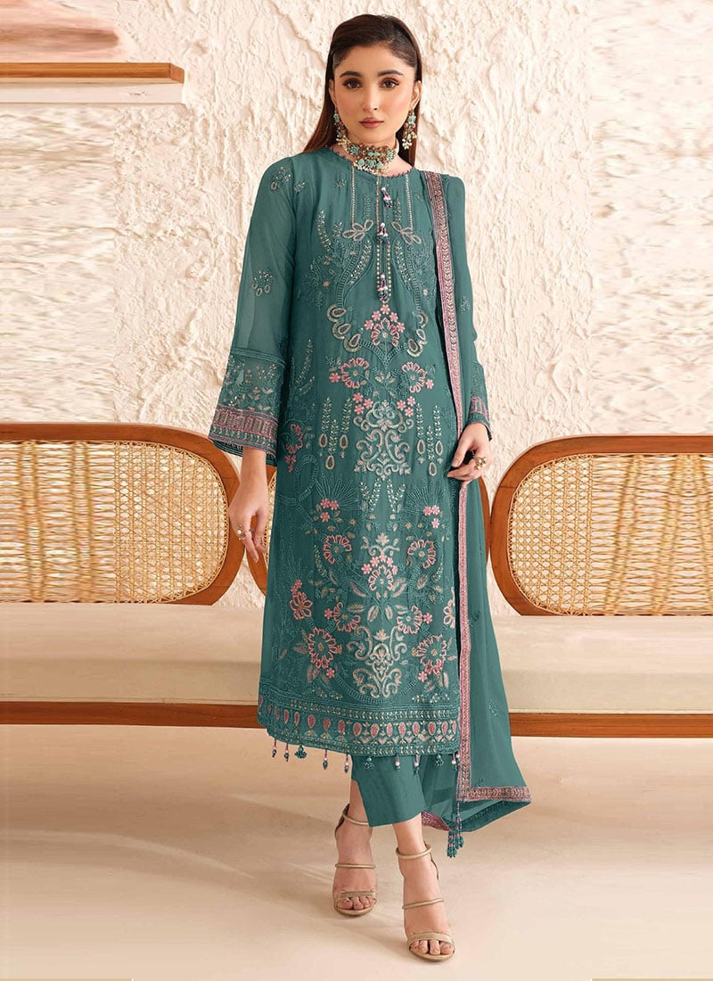 Green Georgette Embroidered Sequins Straight Pant Suit Set Festive Wear