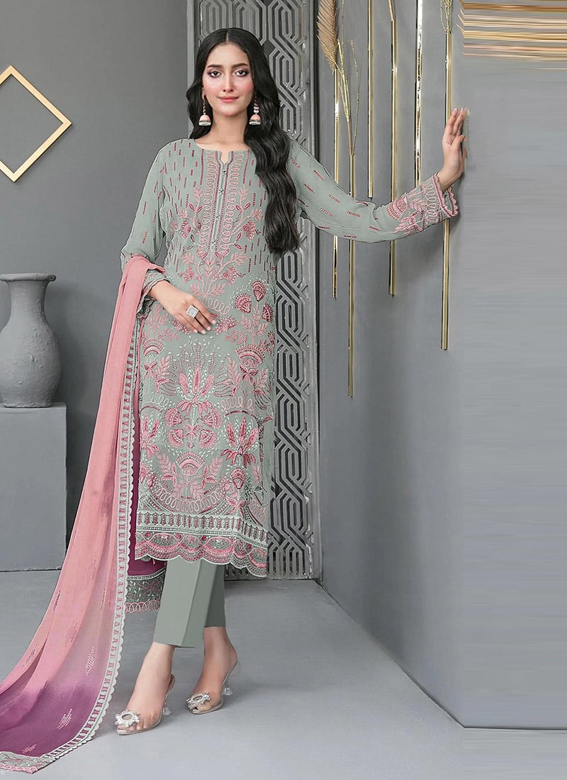 Green Georgette Embroidered Sequins Straight Pant Suit Festive Wear
