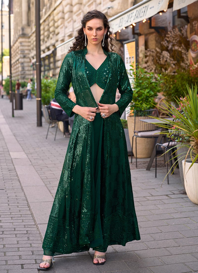 Green Georgette Embroidered Sequins With Stone Work Indowestern Jacket Palazzo Set Wedding Wear
