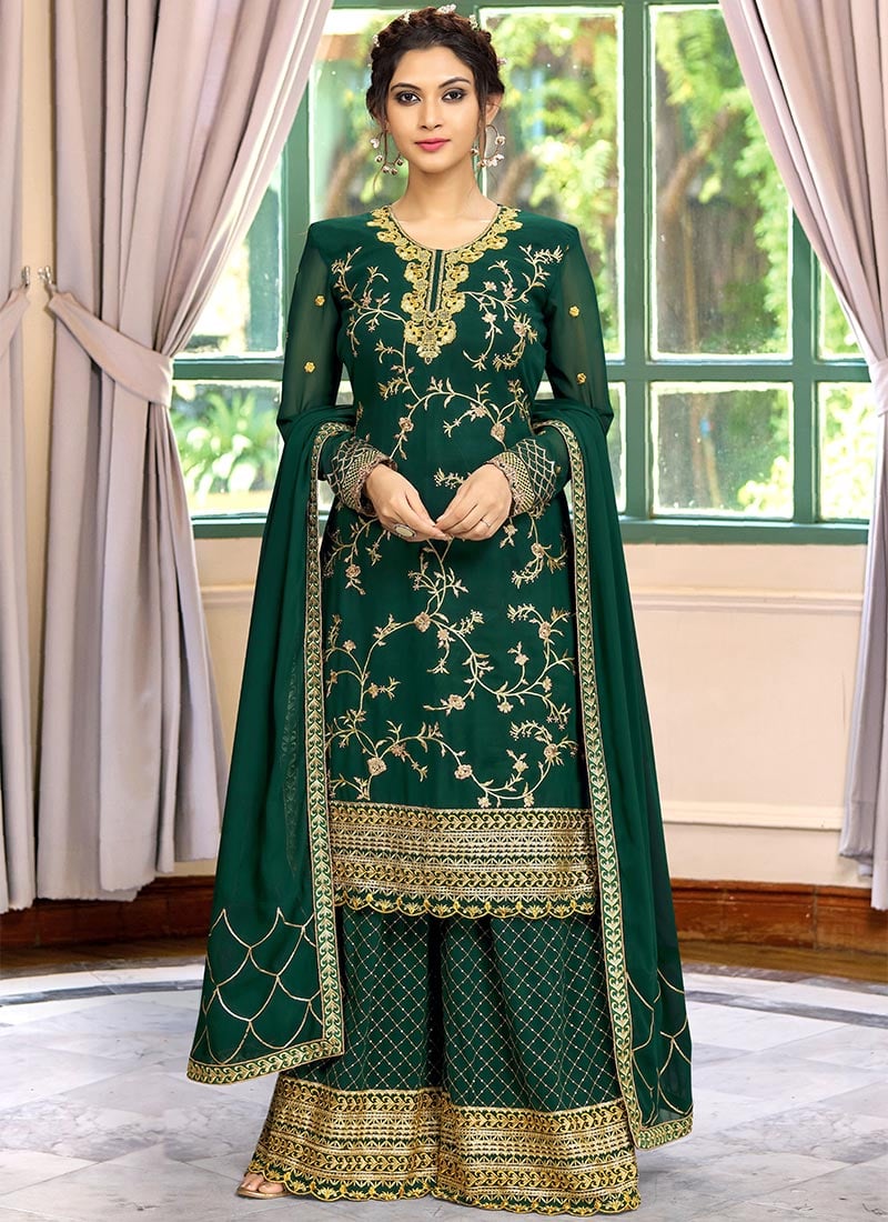 Green Georgette Embroidered Stone And Dupatta For Mehendi Function Party Wear