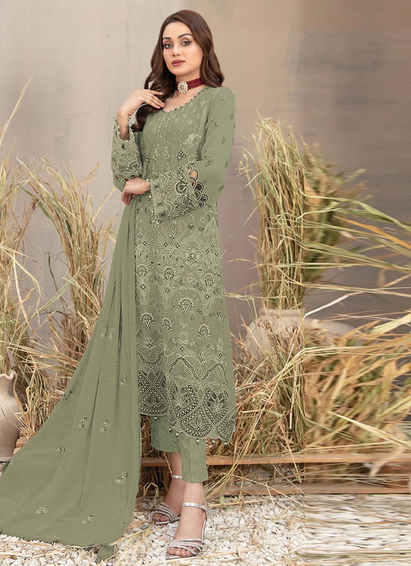 Green Georgette Embroidered Stone Sequins Pakistani Straight Pant Suit