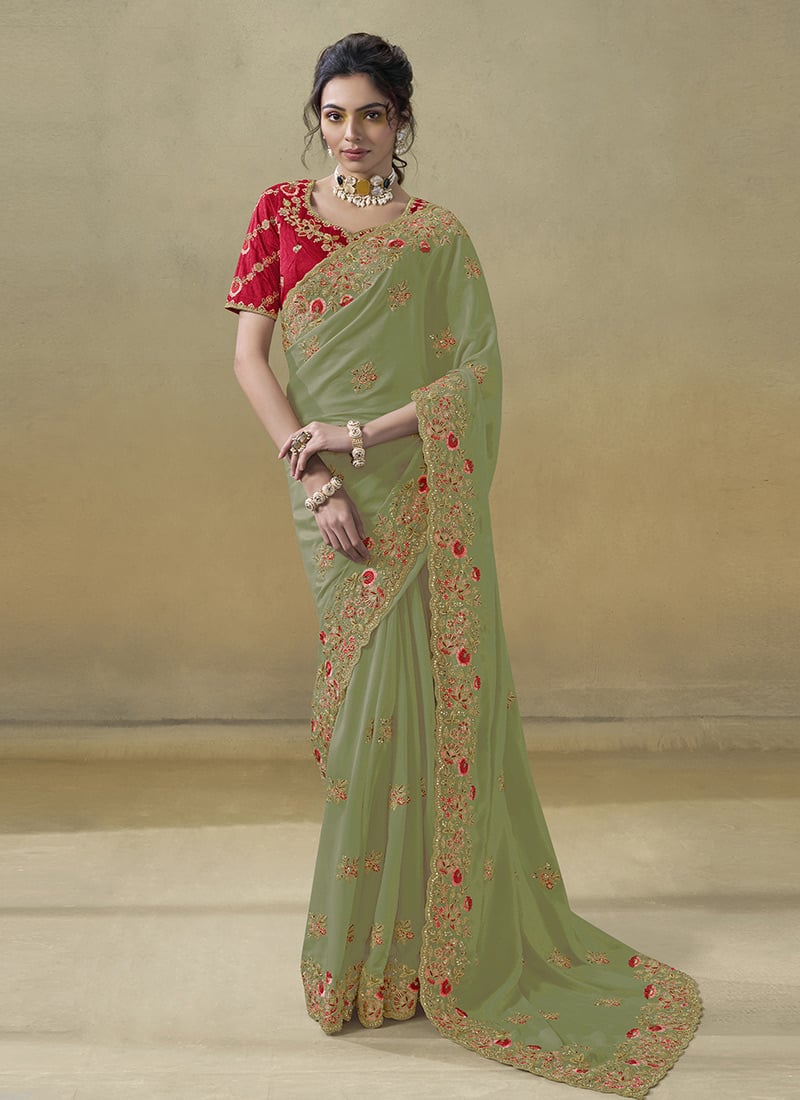 Green Georgette Embroidered Stones And Zari Saree Wedding Wear