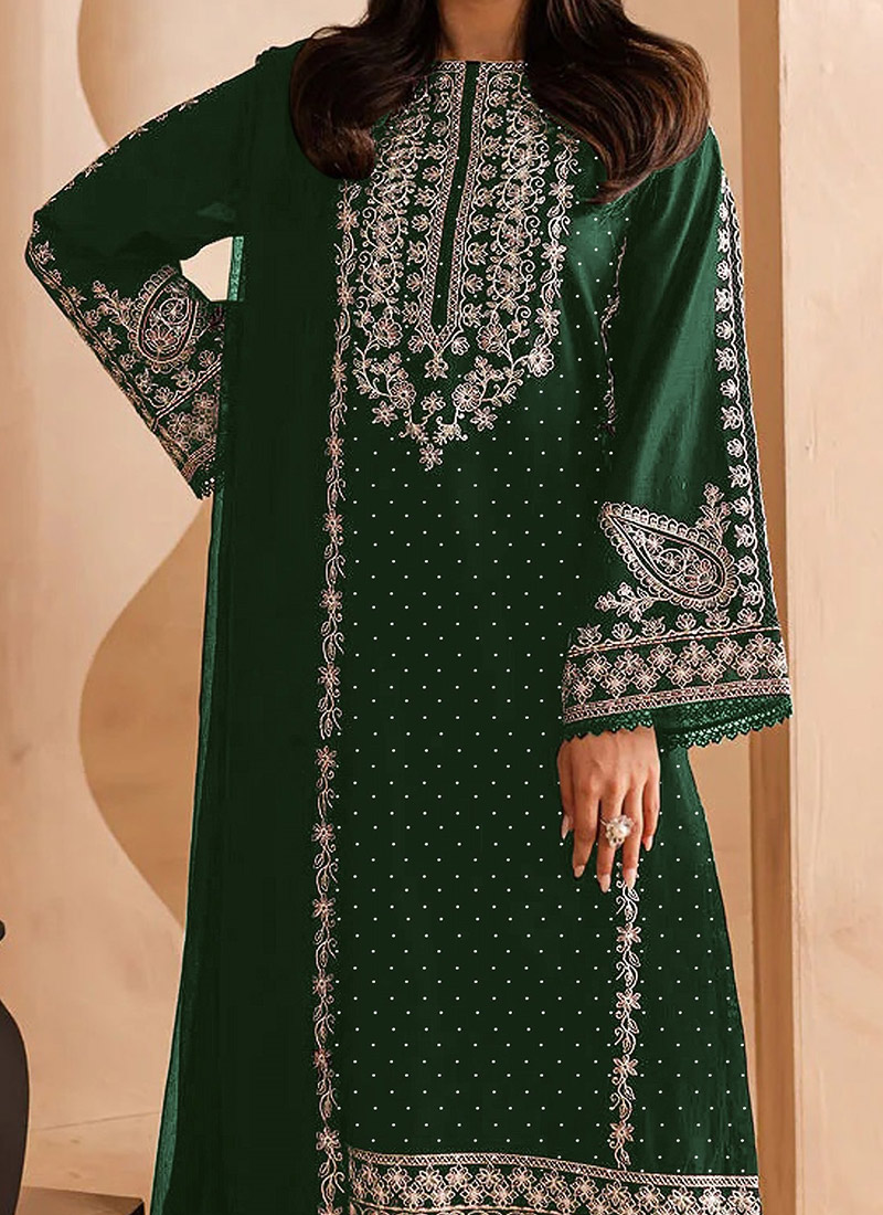 Green Georgette Pant Suit With Prettified Embroidery Work