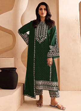 Green Georgette Embroidered Straight Pant Suit