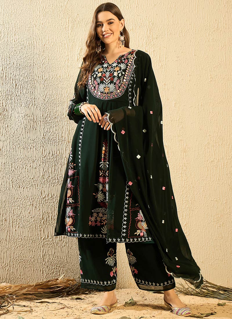 Green Georgette Embroidered Straight Pant Suit Festive Wear