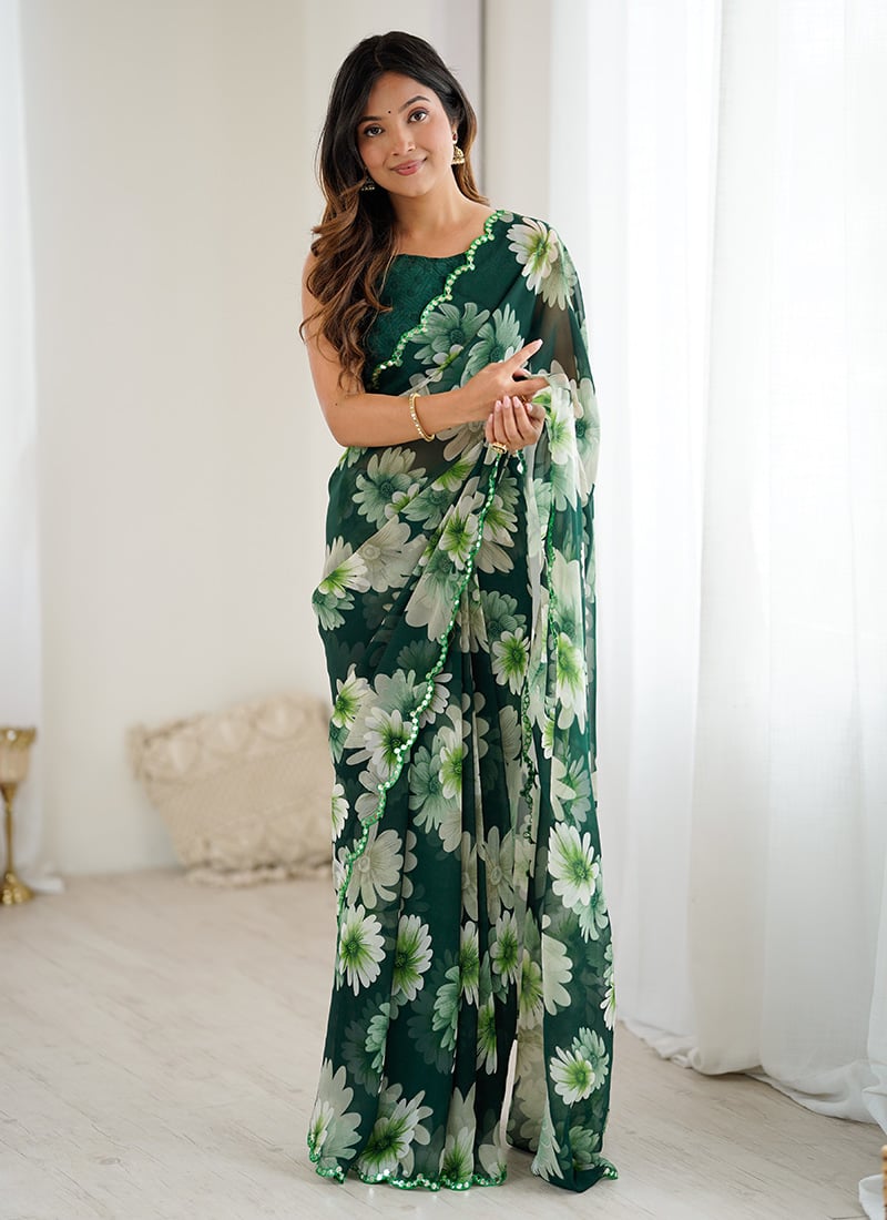 Green Georgette Floral Print Saree After Six Wear