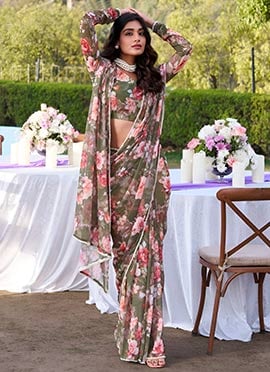 Green Georgette Floral Printed Pre Draped Saree