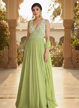 Green Georgette Hand Embroidered Beads Work Anarkali Suit