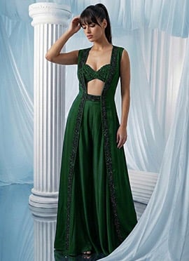 Green Georgette Hand Embroidered Indowestern Jacket Palazzo Set