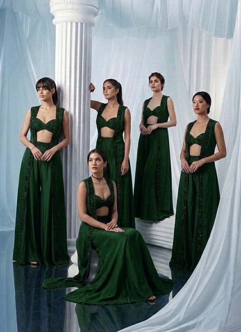 Green Georgette Hand Embroidered Indowestern Jacket Palazzo Set Wedding Wear