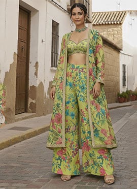 Green Georgette Hand Embroidered Jacket Palazzo Set