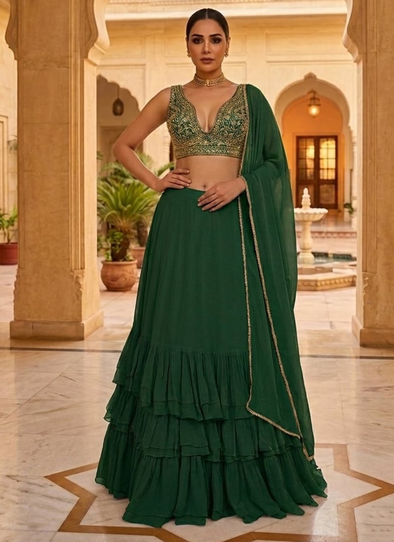 Green Georgette Hand Embroidered Lehenga Wedding Wear