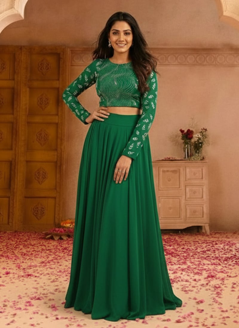 Green Georgette Hand Embroidered Lehenga