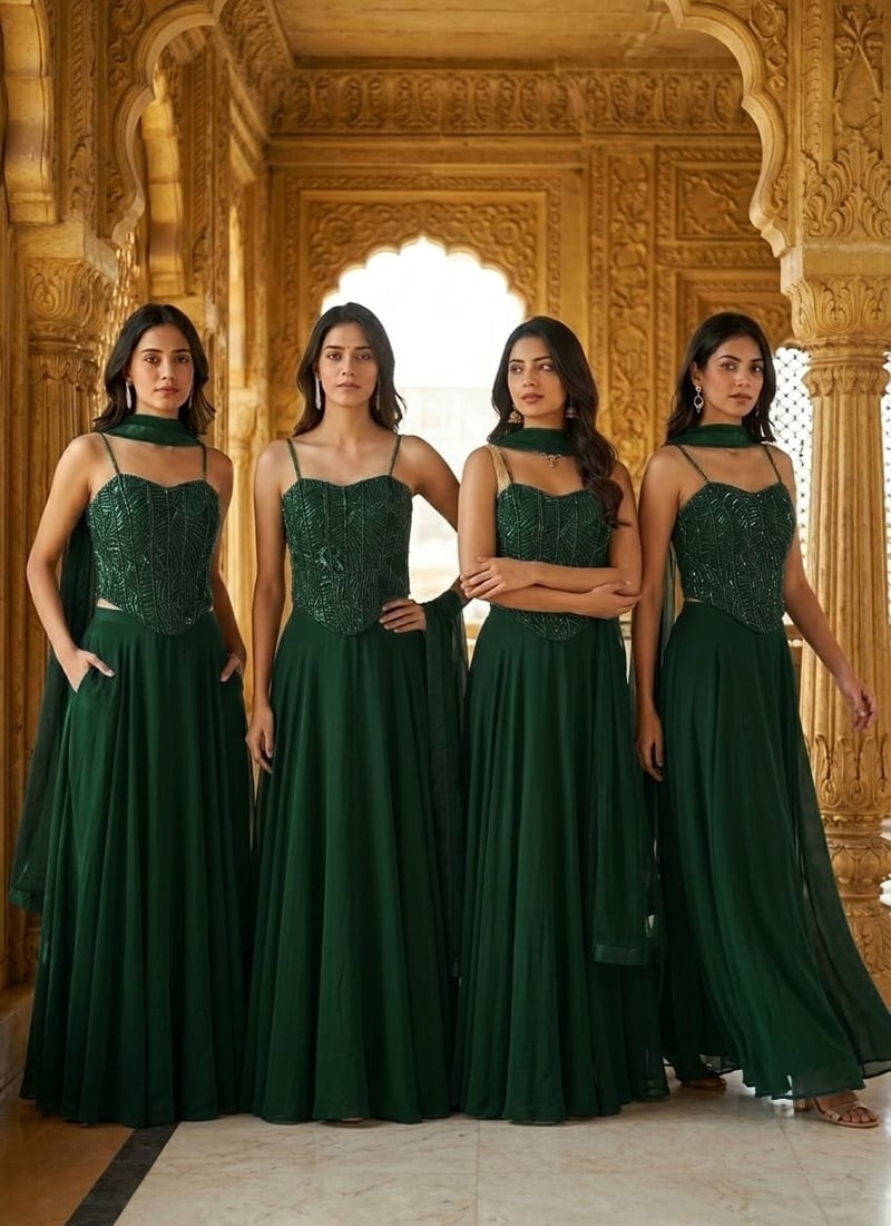Green Georgette Hand Embroidered Lehenga Wedding Wear