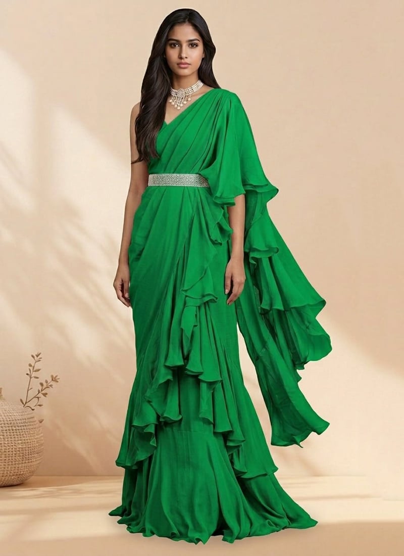 Green Georgette Hand Embroidered Pre Draped Saree Wedding Wear