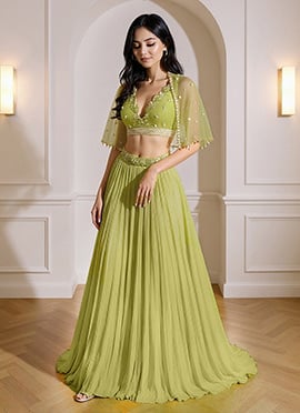 Green Georgette Hand Embroidered Sequins Indowestern Skirt Set