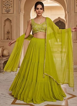 Green Georgette Hand Embroidered Sequins Lehenga