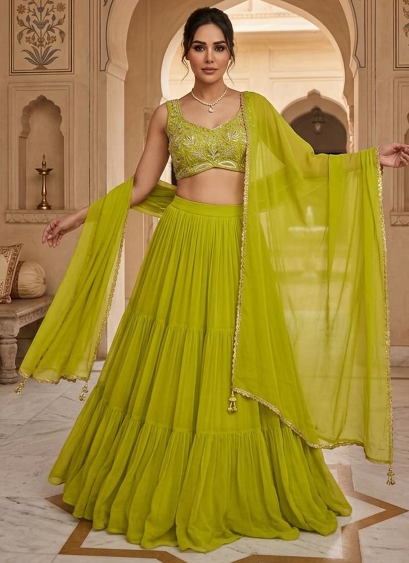 Green Georgette Hand Embroidered Sequins Lehenga Wedding Wear