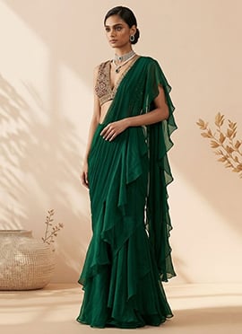 Green Georgette Hand Embroidered Sequins Pre Draped Saree