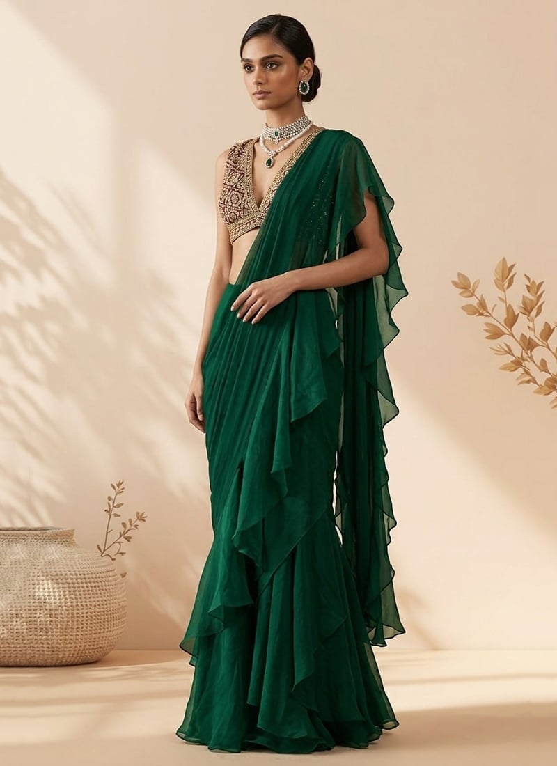 Green Georgette Hand Embroidered Sequins Pre Draped Saree Wedding Wear