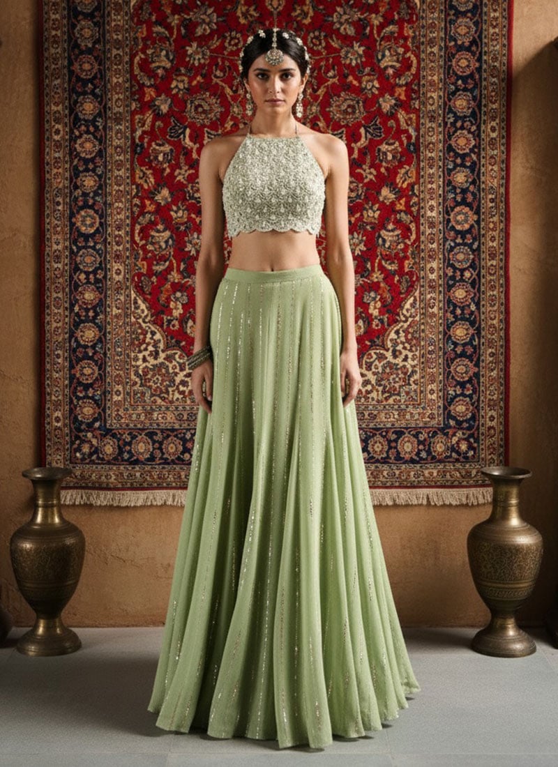 Green Georgette Hand Embroidered Sequins With Moti Work Lehenga Wedding Wear