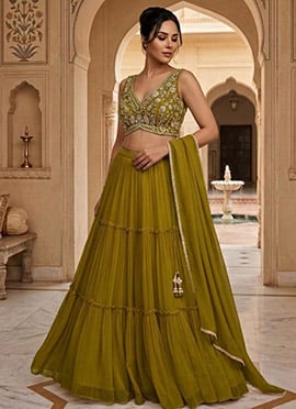 Green Georgette Hand Embroidered Sequins With Stone Work Lehenga