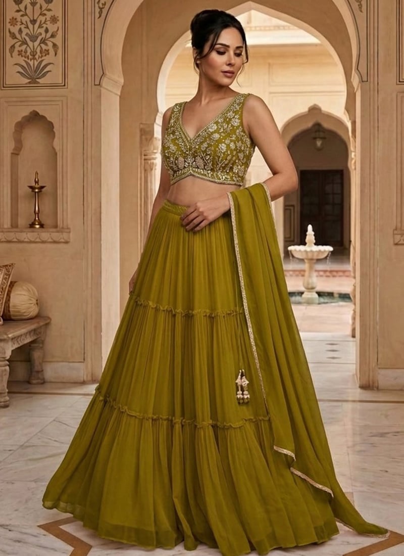 Green Georgette Hand Embroidered Sequins With Stone Work Lehenga Wedding Wear