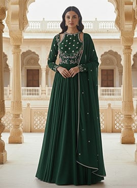 Green Georgette Hand Embroidered Stone And Beads Work A Line Anarkali Sui