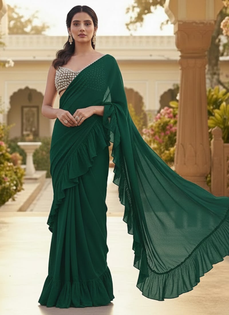 Green Georgette Hand Embroidered Stone And Beads Work Saree Wedding Wear