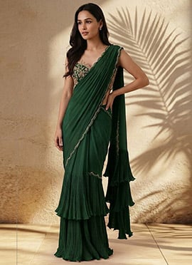 Green Georgette Hand Embroidered Stone Work Pre Draped Saree