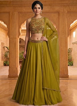 Green Georgette Hand Embroidered With Beads And Stone Work Lehenga