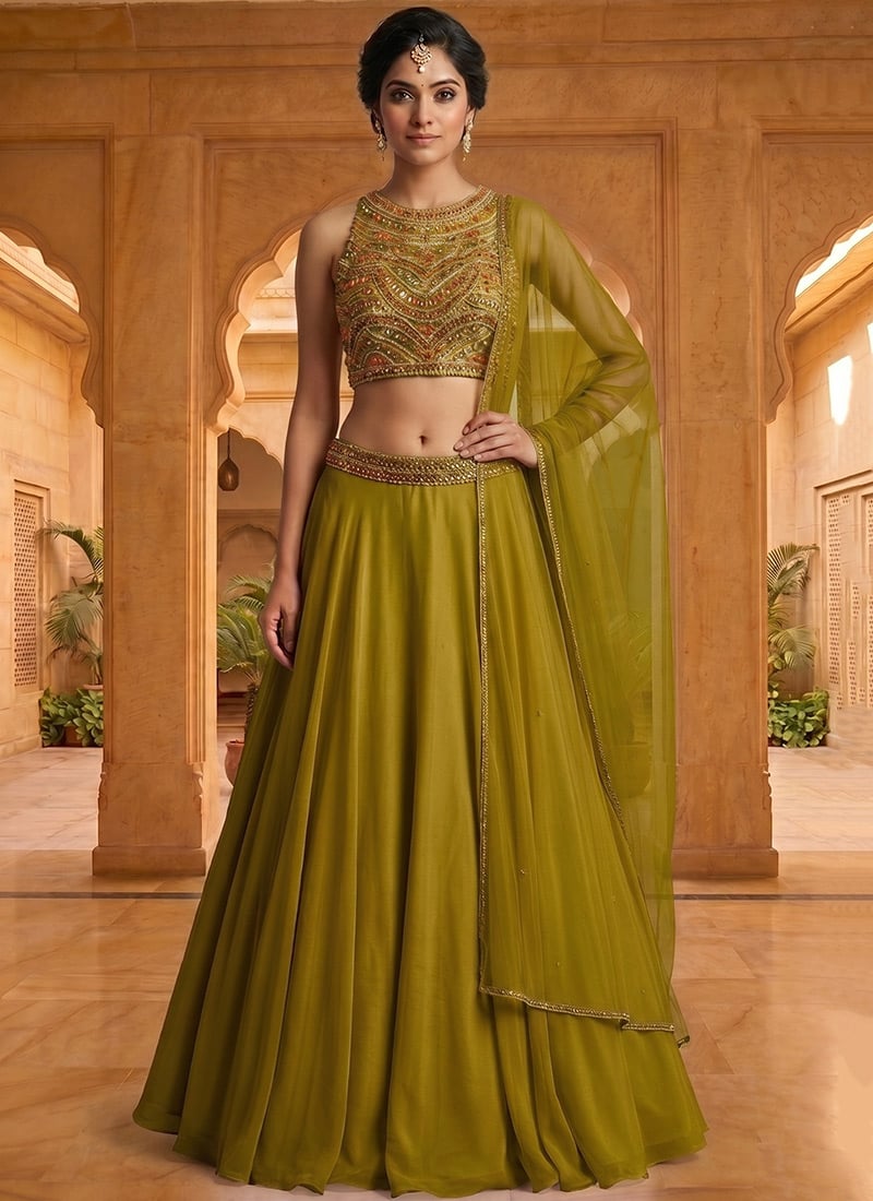 Green Georgette Hand Embroidered With Beads And Stone Work Lehenga Wedding Wear