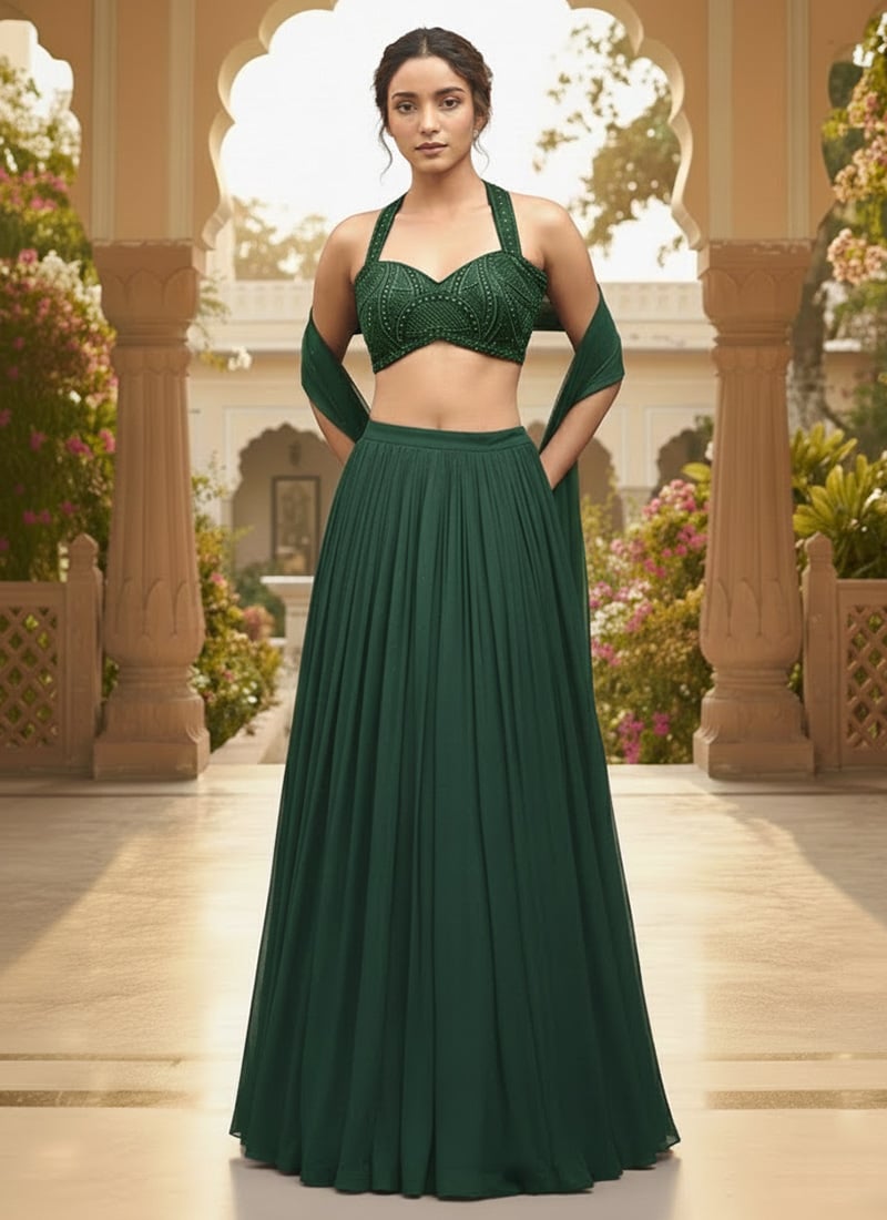 Green Georgette Hand Embroidered With Beads And Stone Work Lehenga Wedding Wear