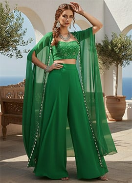 Green Georgette Hand Embroidered With Beads Work Jacket Palazzo Set