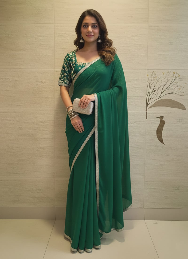 Green Georgette Hand Embroidered With Beads Work Saree Festive Wear