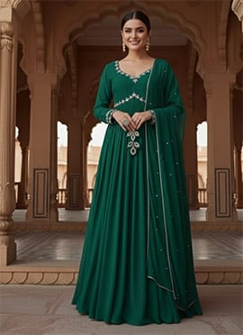Green Georgette Hand Embroidered Zari Stones A Line Anarkali Suit