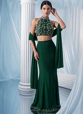 Green Georgette Hand Embroidered Zarkan Cut Dana Lehenga