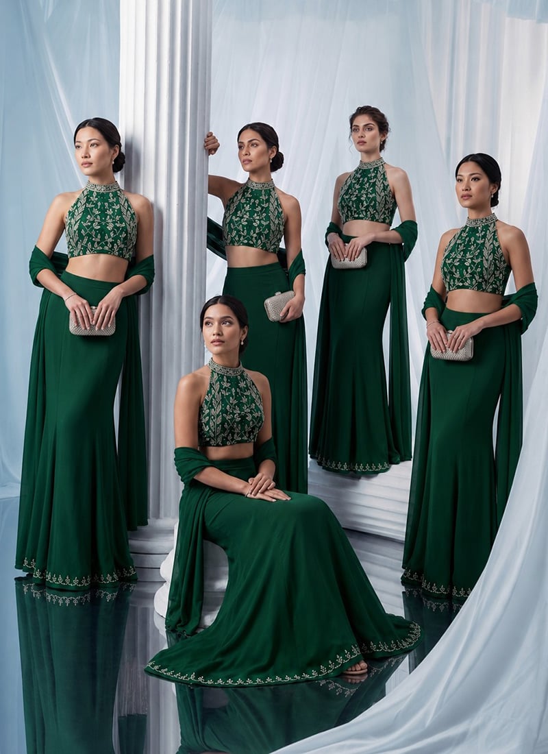 Green Georgette Hand Embroidered Zarkan Cut Dana Lehenga Wedding Wear