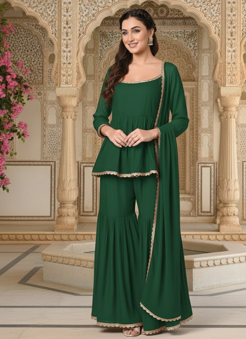 Green Georgette Lace Work Sharara Suit