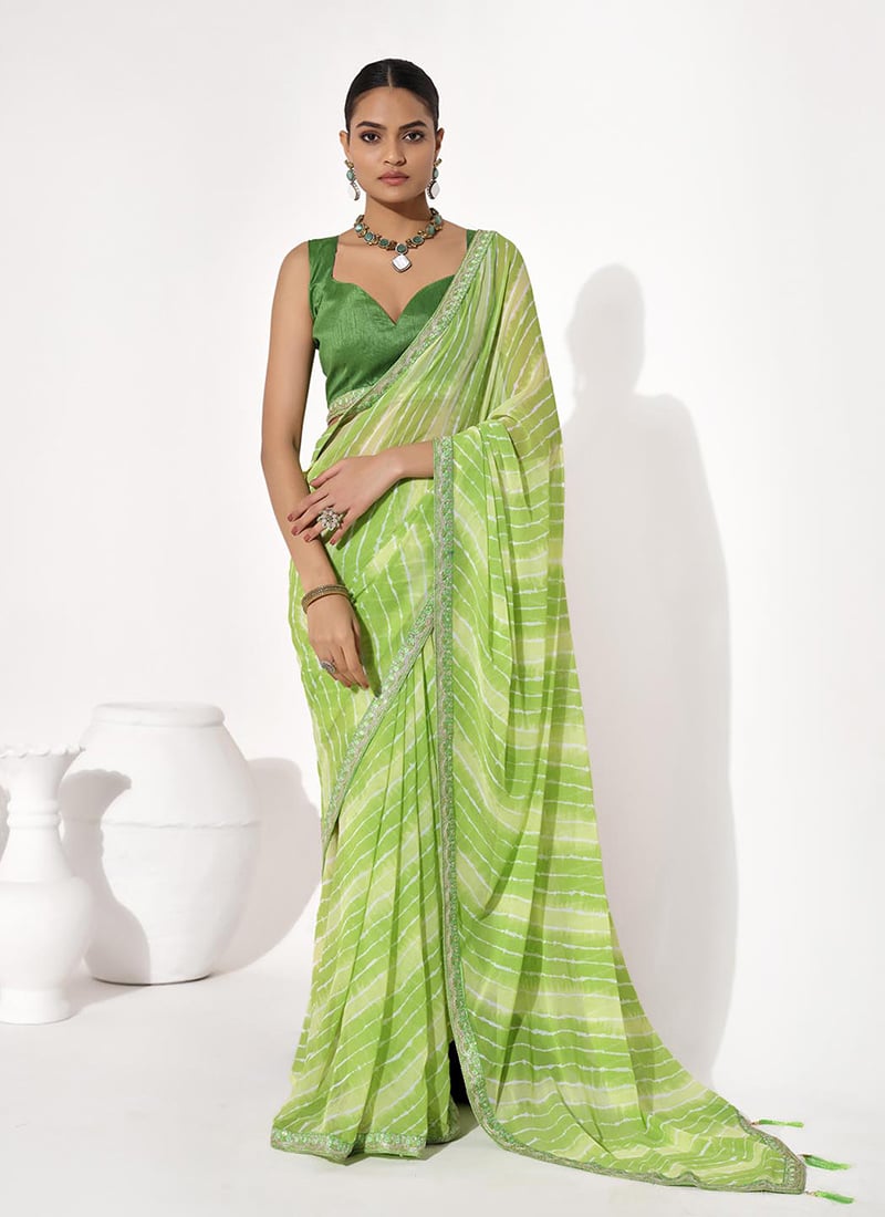 Green Georgette Leheriya And Border Embroidered Lace Saree