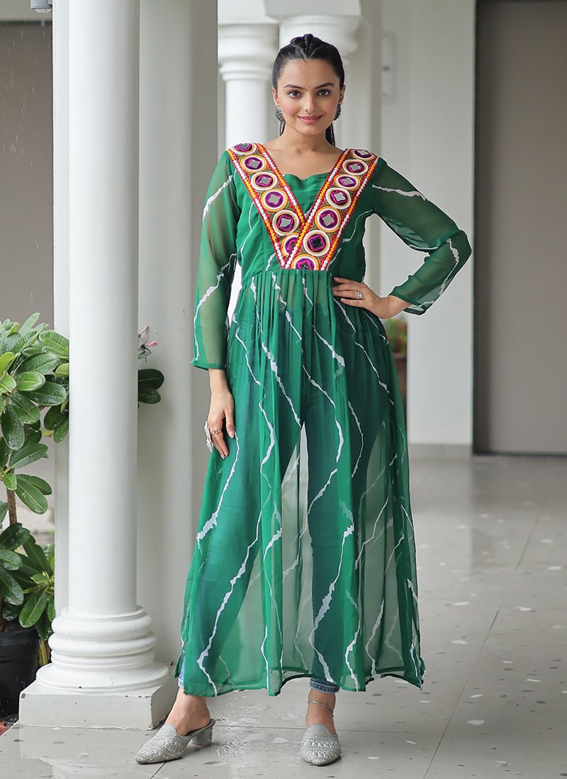 Green Georgette Leheriya Print With Kutch Patch Work Long Kurti
