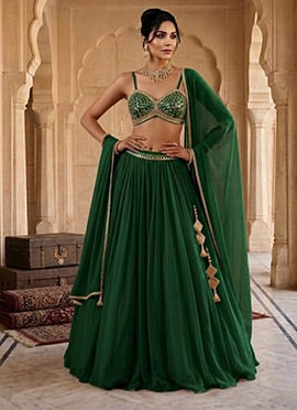 Green Georgette Mirror Work Hand Embroidered Cut Dana Lehenga